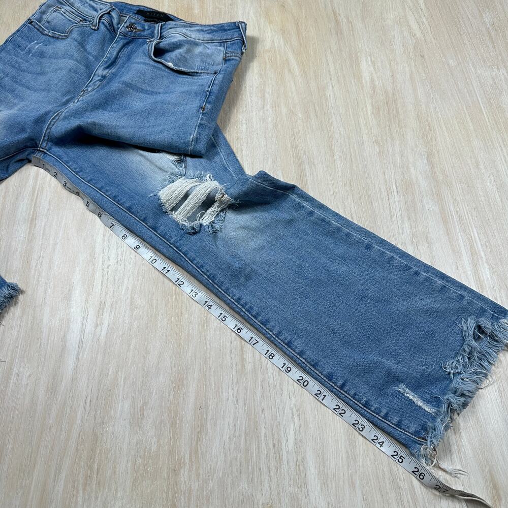 Risen Distressed High Rise Shredded Knee Grunge Edgy Cropped Boot Denim Jeans 30 - Picture 7 of 16